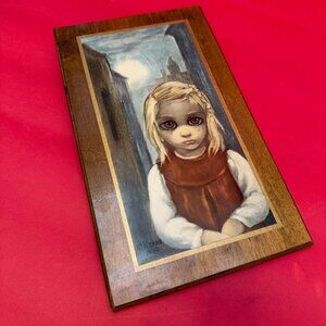 Vintage 1960s Gift - “Big Eyes” Girl Reproduction Art Print on Wood Plaque